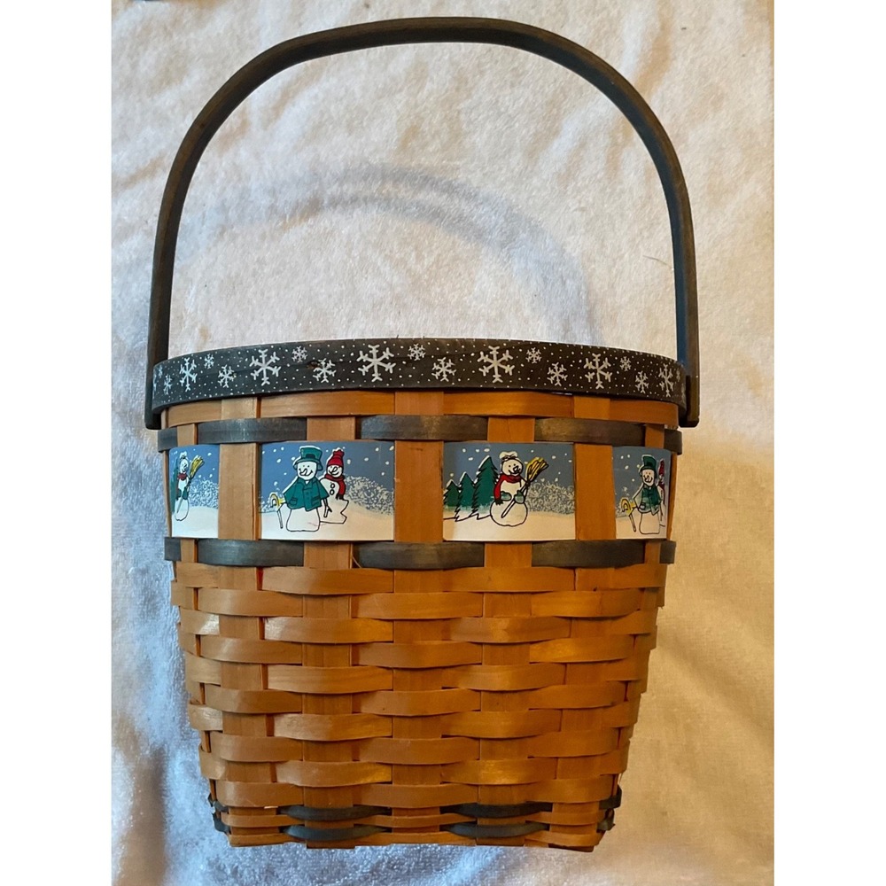 Handmade Snowman Basket w/Handle 16" High, 10"Diameter Woven Festive Handpainted - Picture 6 of 7